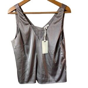 NWT Pleione satin grey tank with lace details size Large. career layer flirty